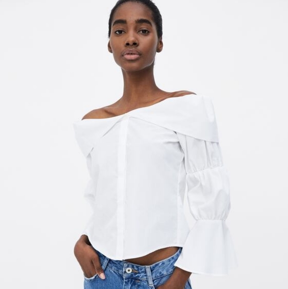 Zara Off the Shoulder Poplin Top, Size L - Picture 3 of 6